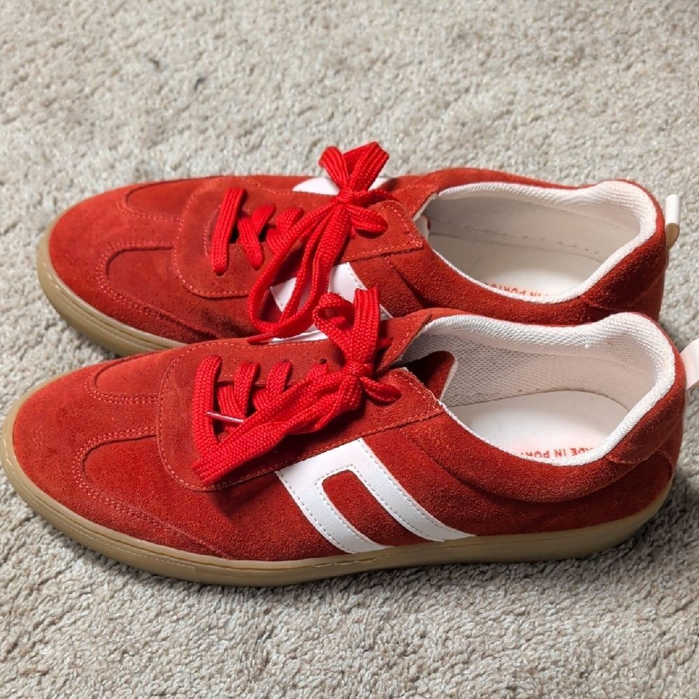 Red Suede Women's Casual Sneakers with White Accent